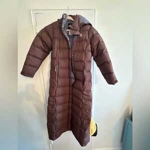 North face long brown down jacket size small